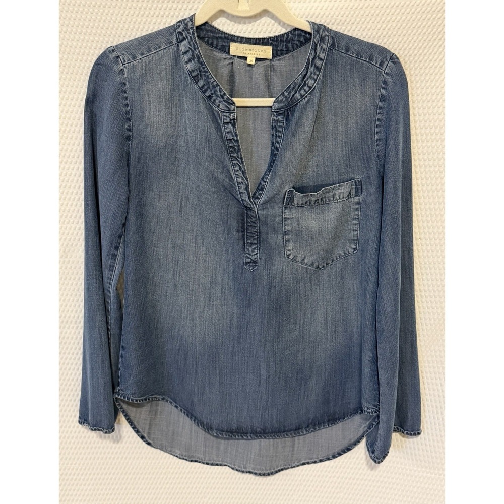 Side Stitch Blue Lyocell Denim Round Neck Long Sleeve Blouse Women XS